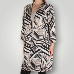 Kasper 16 Geometric‎ Stripe Coat Black White Tan Open Front Topper Jacket